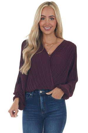 Plum Surplice Long Sleeve Pleated Blouse