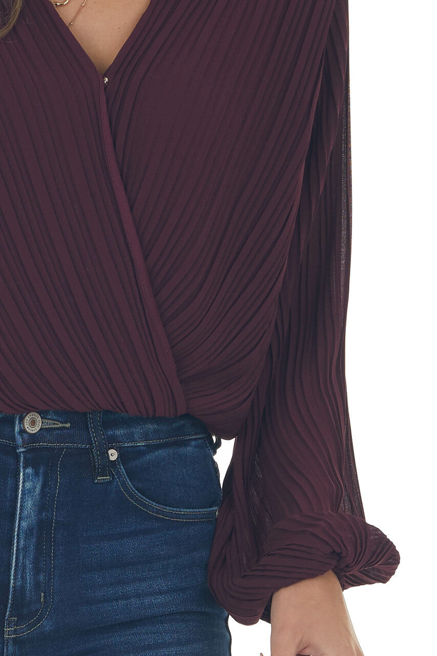 Plum Surplice Long Sleeve Pleated Blouse