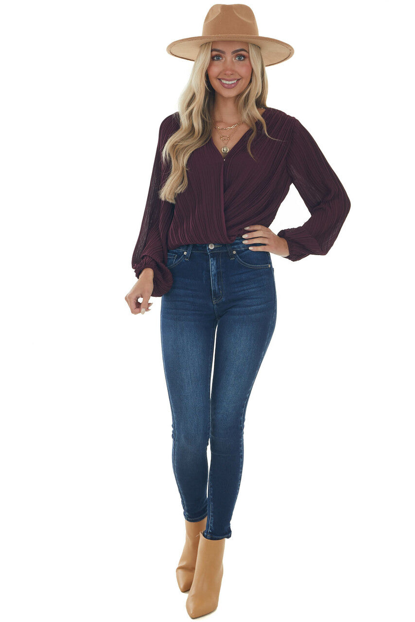 Plum Surplice Long Sleeve Pleated Blouse