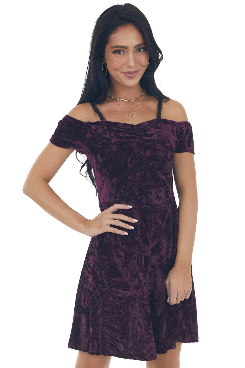 Plum Velvet Cold Shoulder Cap Sleeve Dress