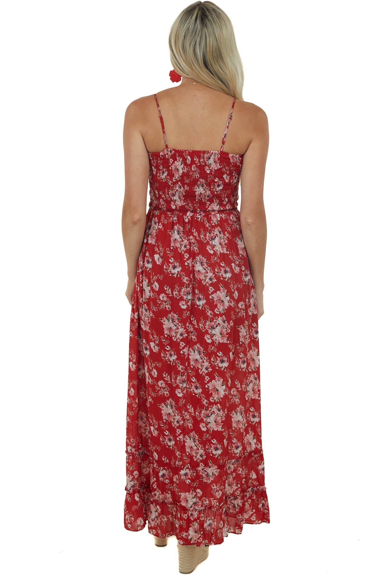 Pomegranate Floral Printed Smocked Maxi Dress