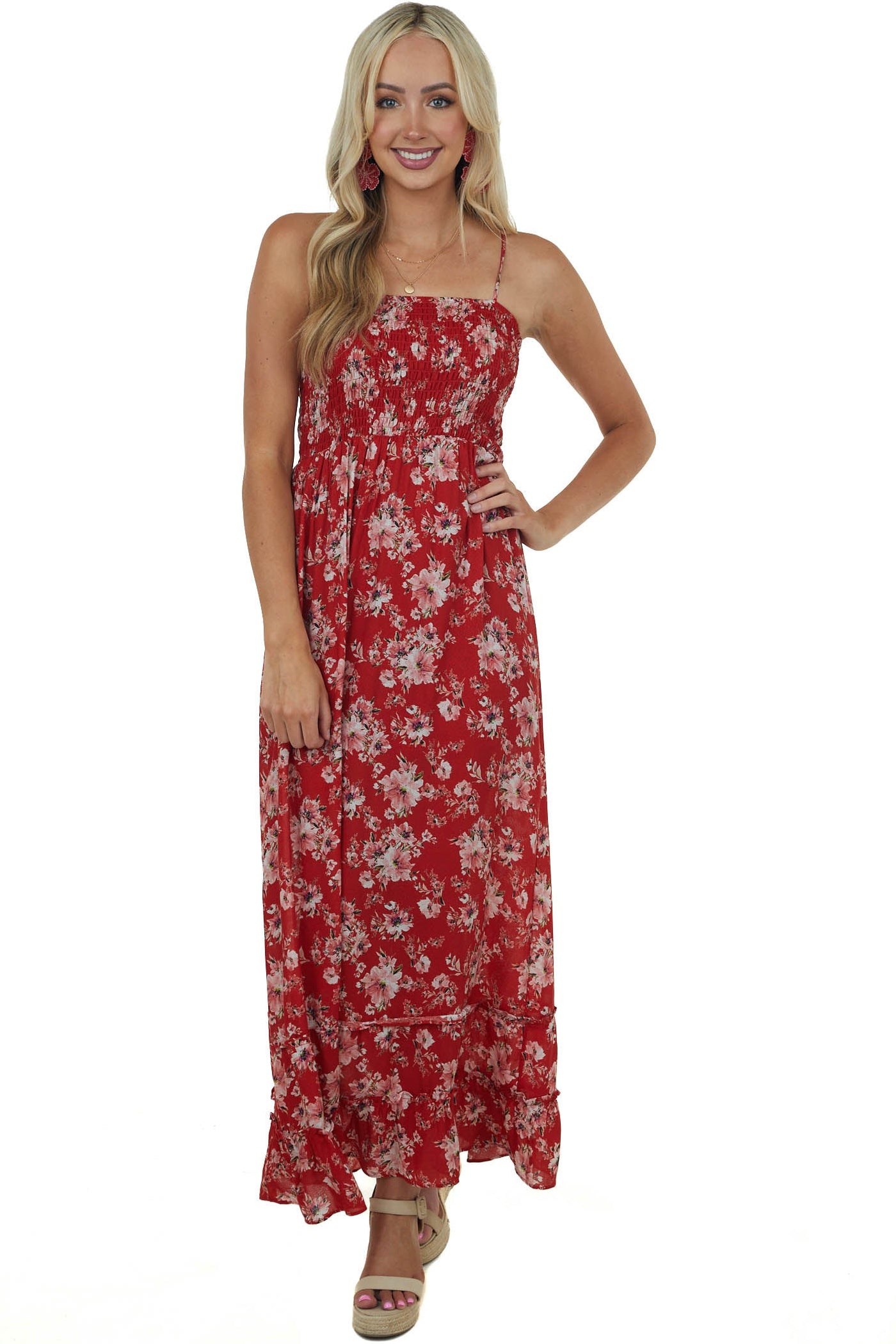 Pomegranate Floral Printed Smocked Maxi Dress
