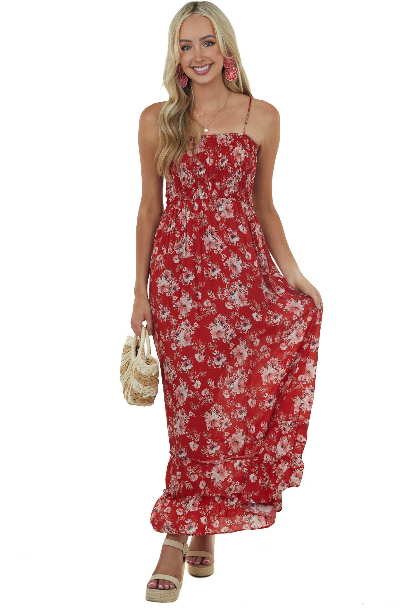 Pomegranate Floral Printed Smocked Maxi Dress