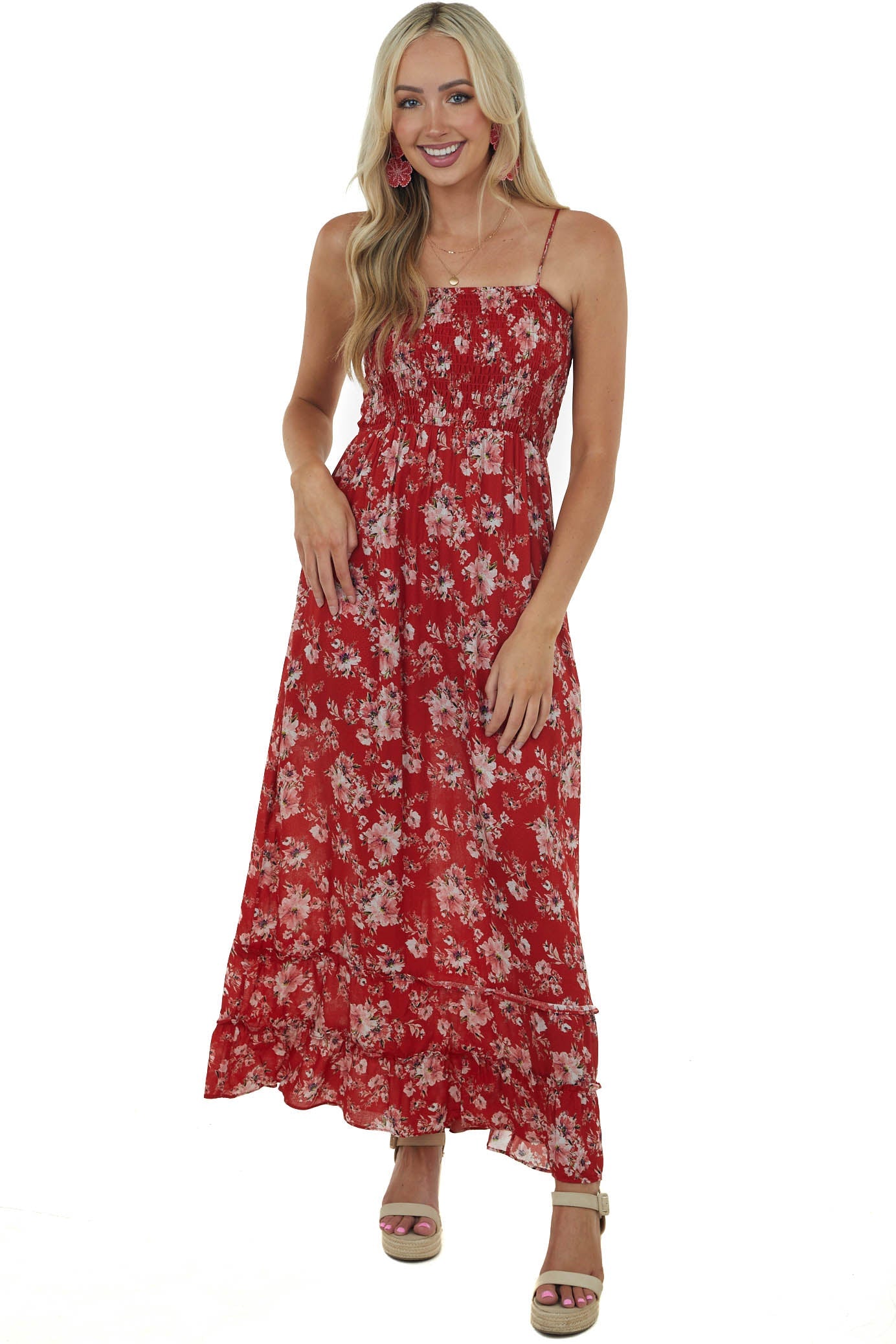 Pomegranate Floral Printed Smocked Maxi Dress