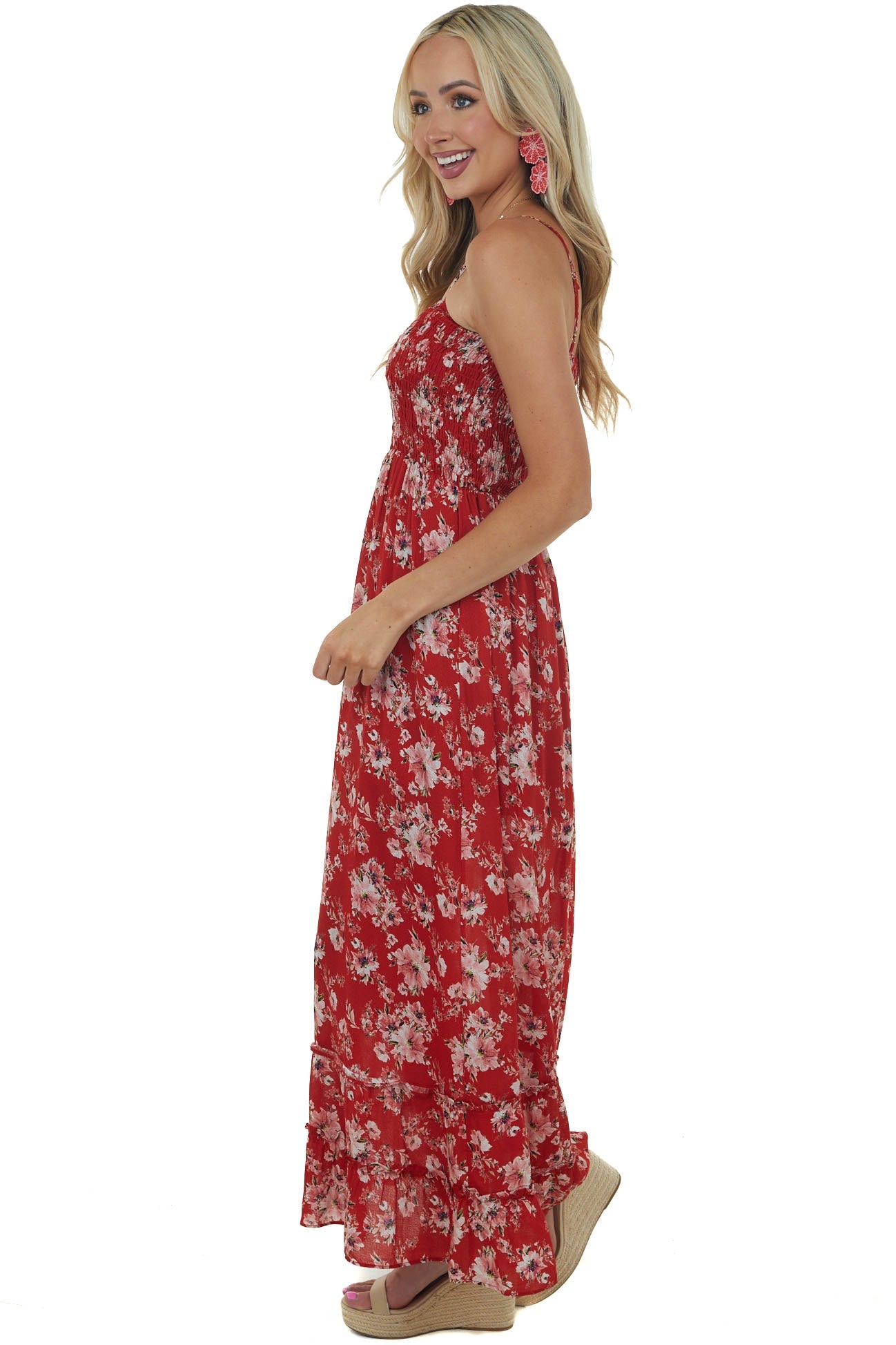 Pomegranate Floral Printed Smocked Maxi Dress
