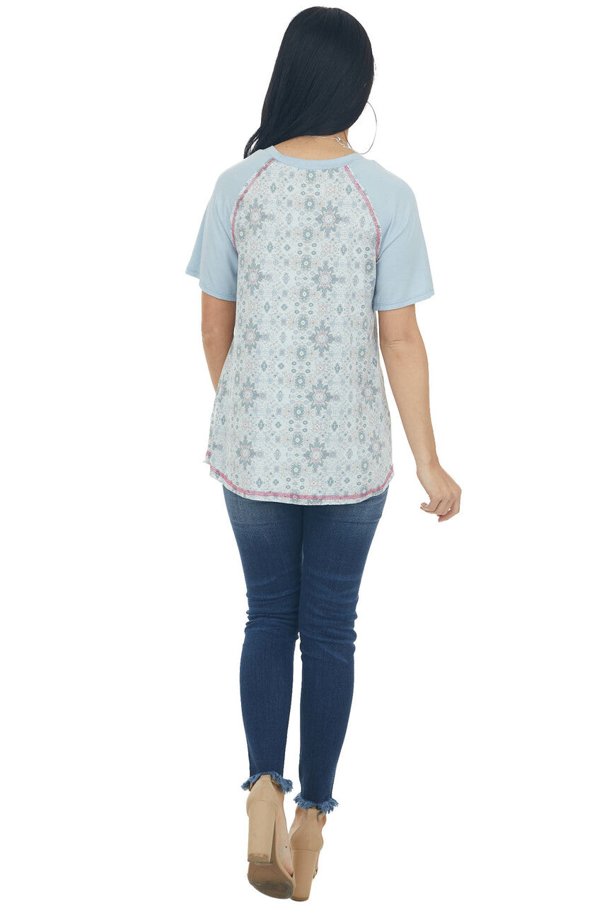 Powder Blue Abstract Print Knit Top 