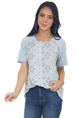 Powder Blue Abstract Print Knit Top 