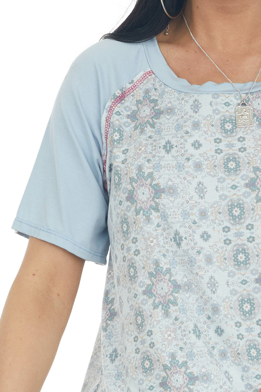 Powder Blue Abstract Print Knit Top 
