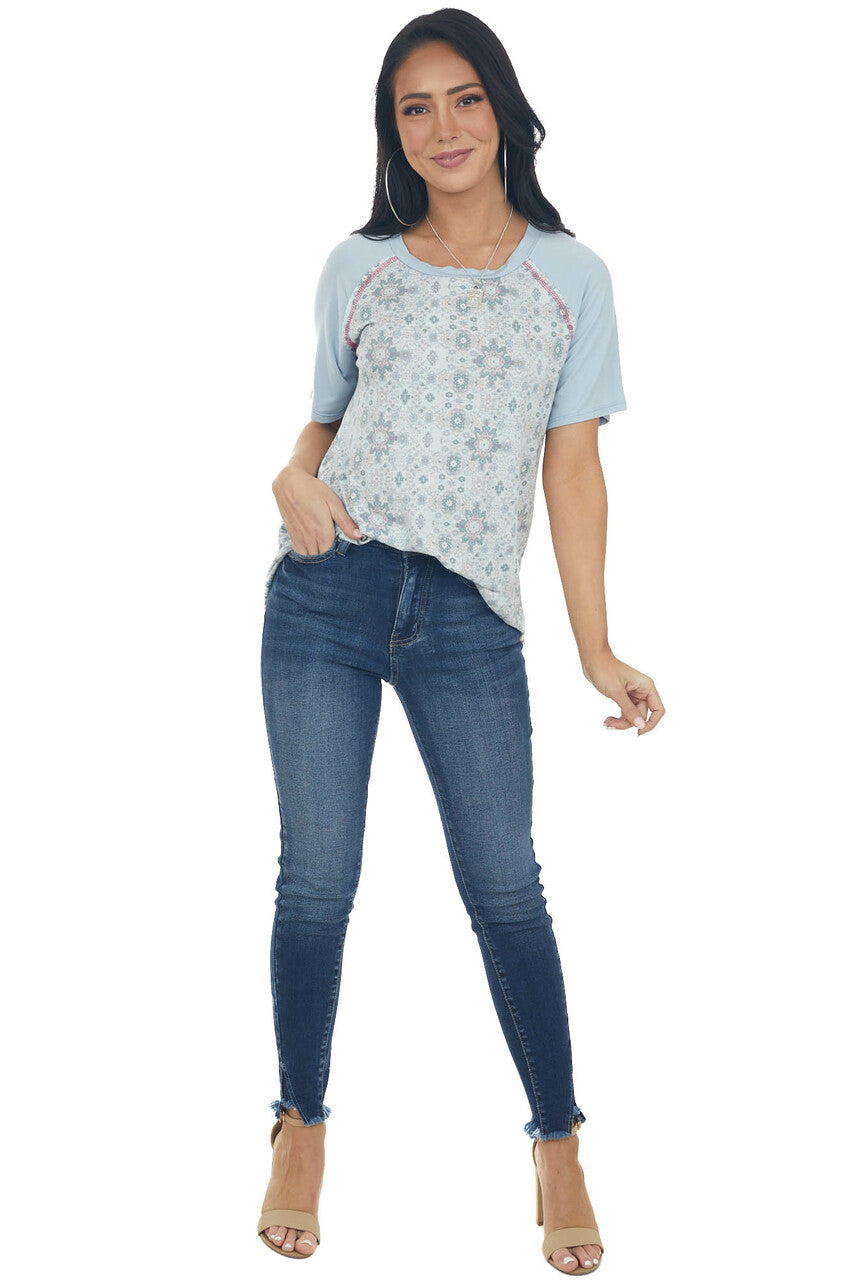 Powder Blue Abstract Print Knit Top 