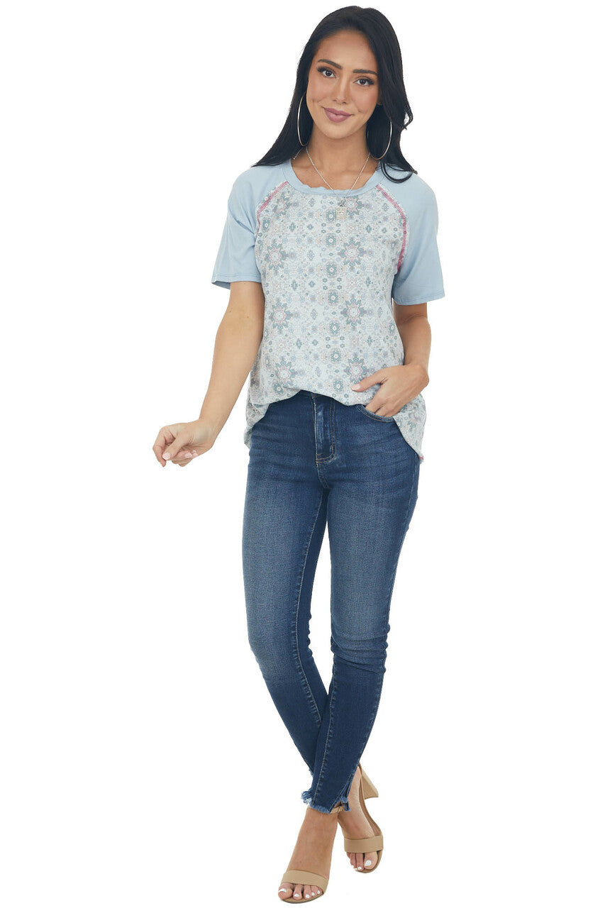 Powder Blue Abstract Print Knit Top 