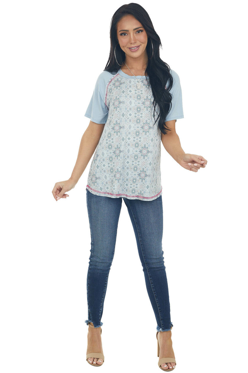 Powder Blue Abstract Print Knit Top 