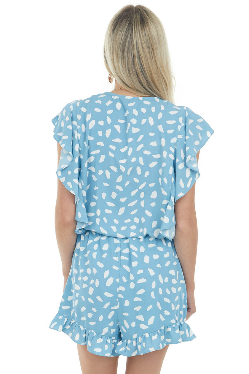 Powder Blue Dalmatian Ruffle Surplice Romper