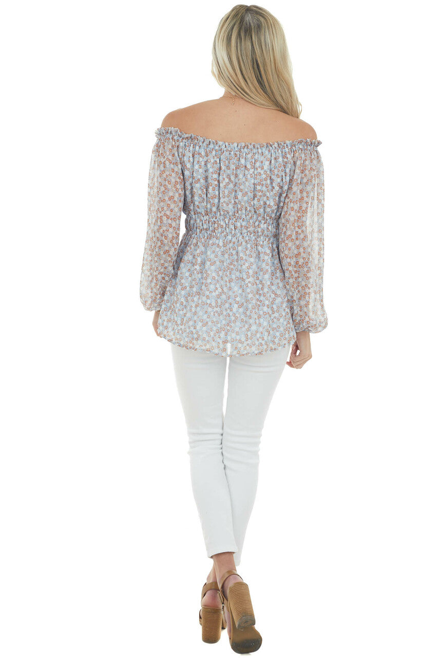 Powder Blue Ditsy Floral Off Shoulder Blouse
