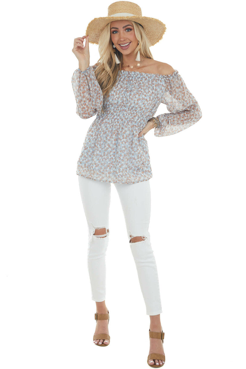 Powder Blue Ditsy Floral Off Shoulder Blouse