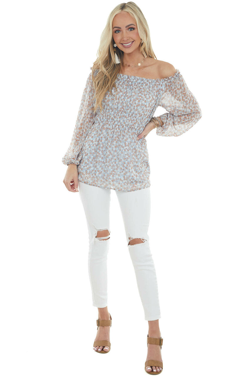 Powder Blue Ditsy Floral Off Shoulder Blouse