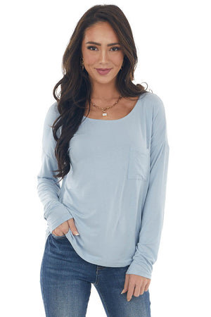 Powder Blue Drop Shoulder Chest Pocket Top