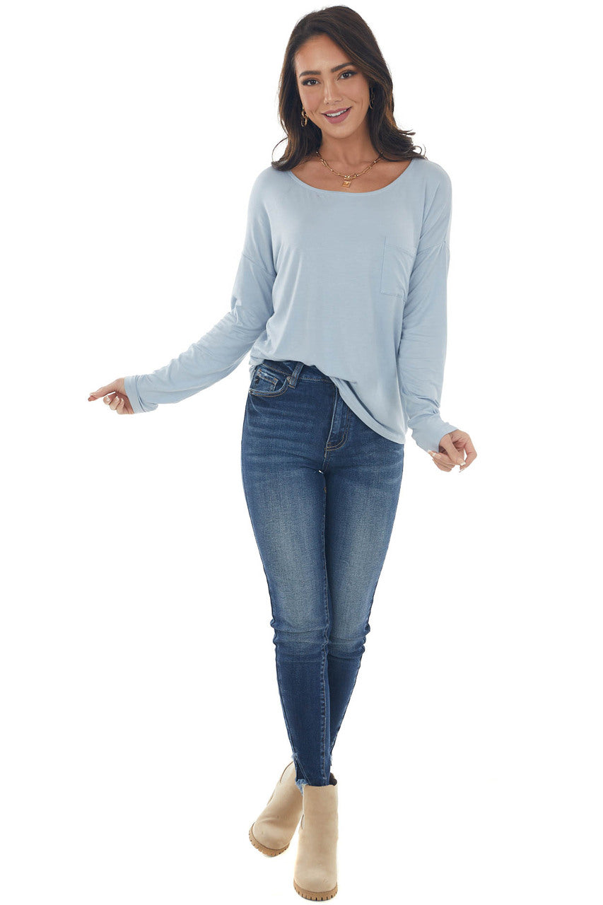 Powder Blue Drop Shoulder Chest Pocket Top