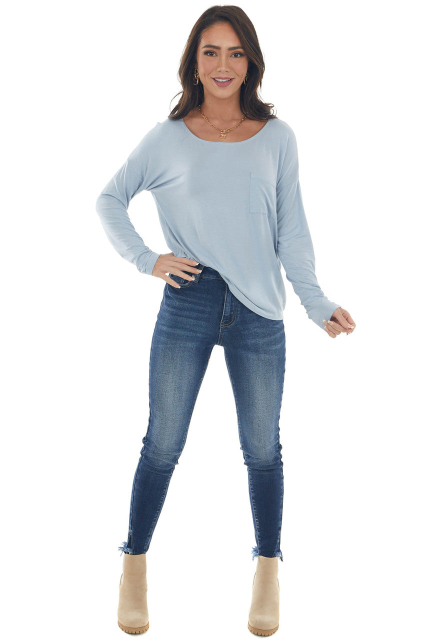 Powder Blue Drop Shoulder Chest Pocket Top