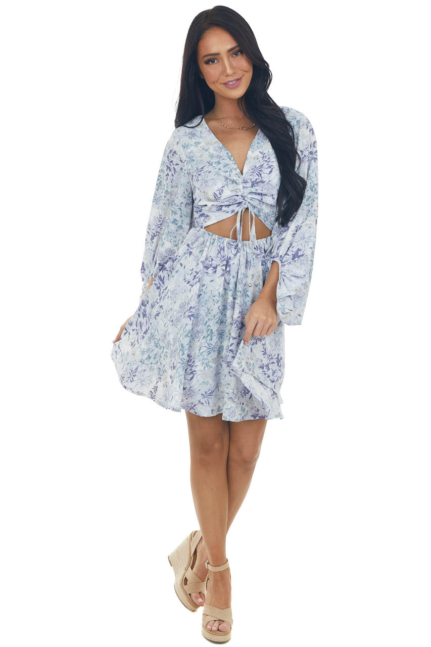 Powder Blue Floral Cut Out Short Dress