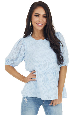 Powder Blue Floral Lace Peplum Top with Short Puff Sleeves