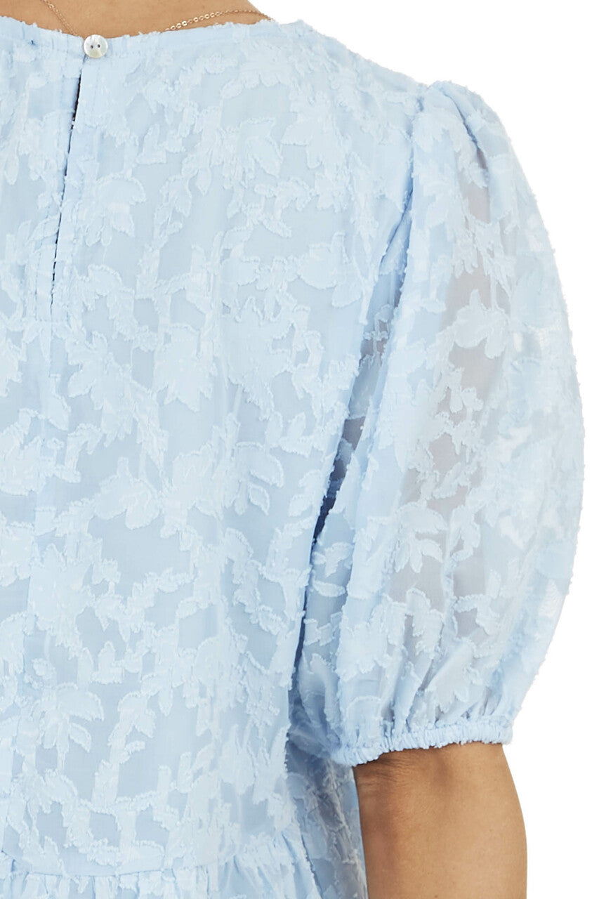 Powder Blue Floral Lace Peplum Top with Short Puff Sleeves