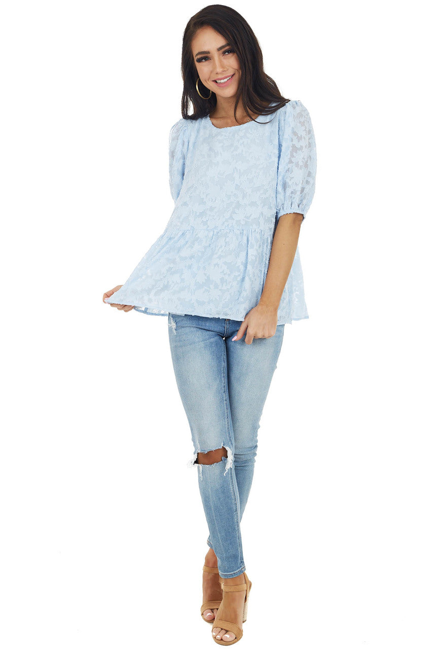 Powder Blue Floral Lace Peplum Top with Short Puff Sleeves