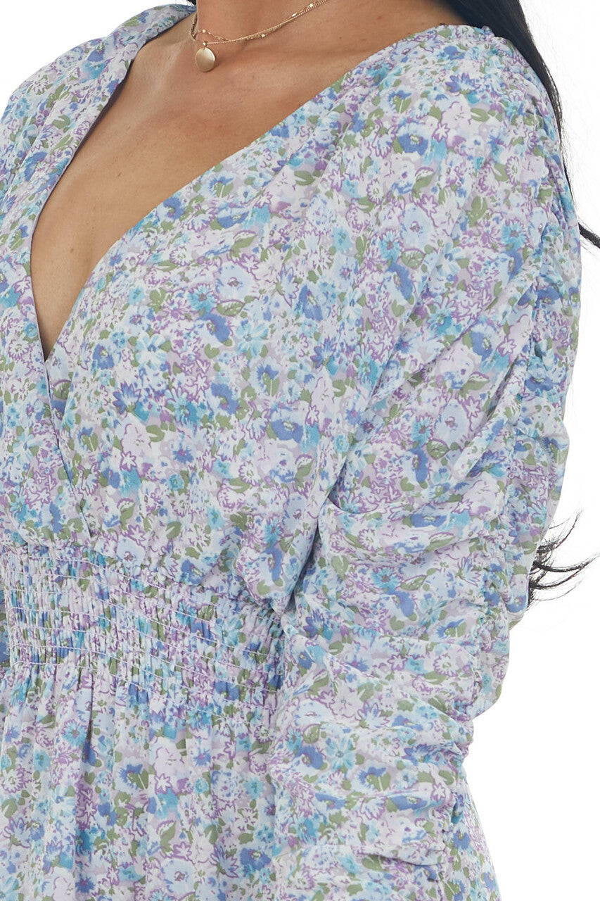 Powder Blue Floral Print Surplice Short Dress 