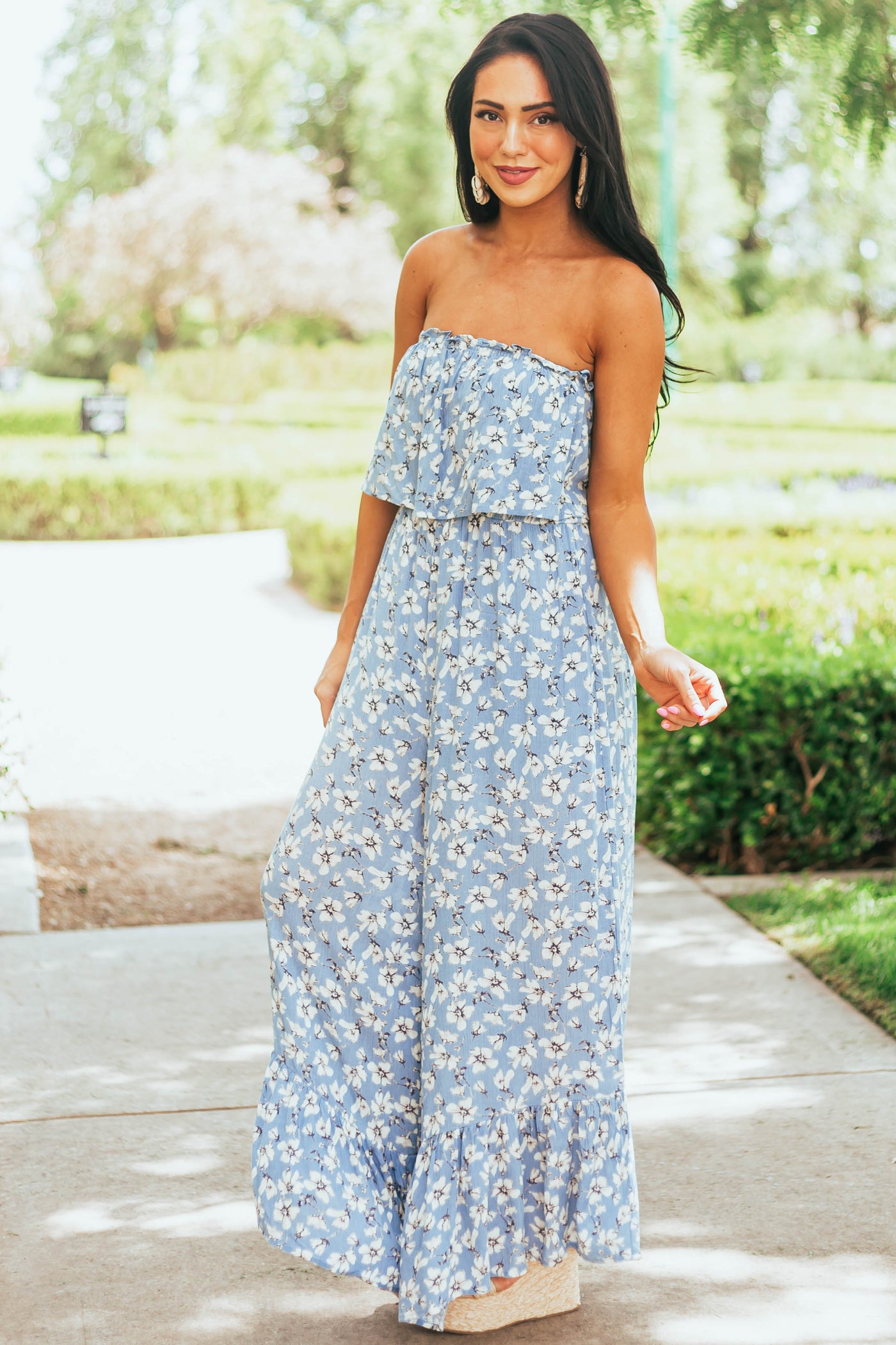 Powder Blue Floral Sleeveless Smocked Jumpsuit