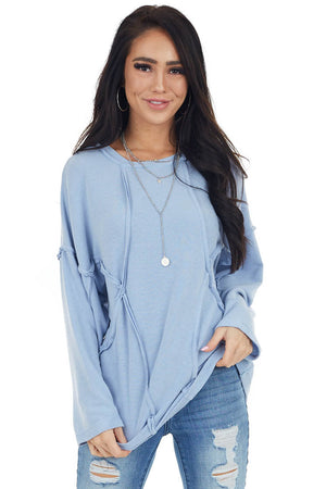 Powder Blue French Terry Knit Top with Raw Edge Details