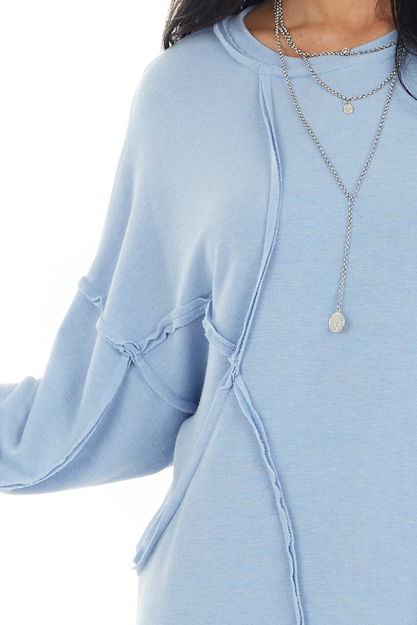 Powder Blue French Terry Knit Top with Raw Edge Details