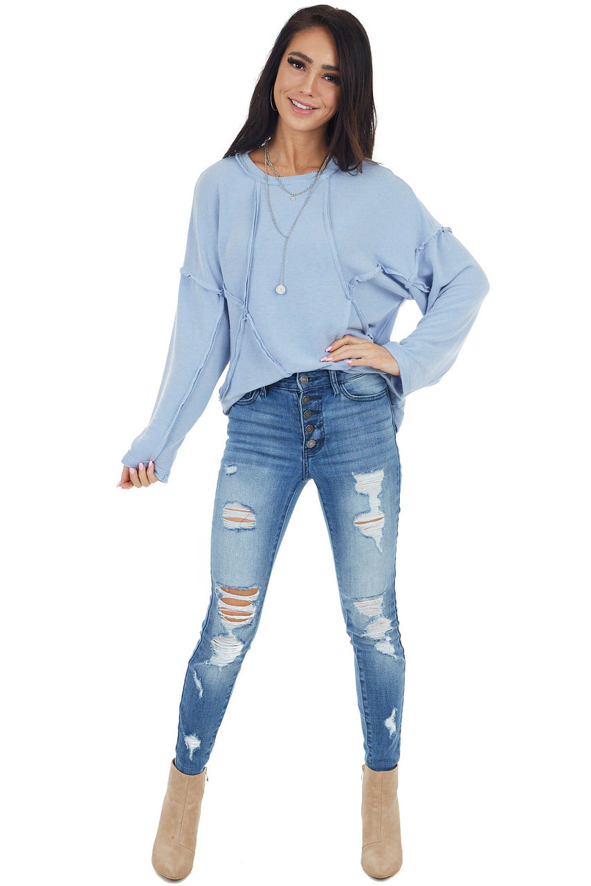 Powder Blue French Terry Knit Top with Raw Edge Details