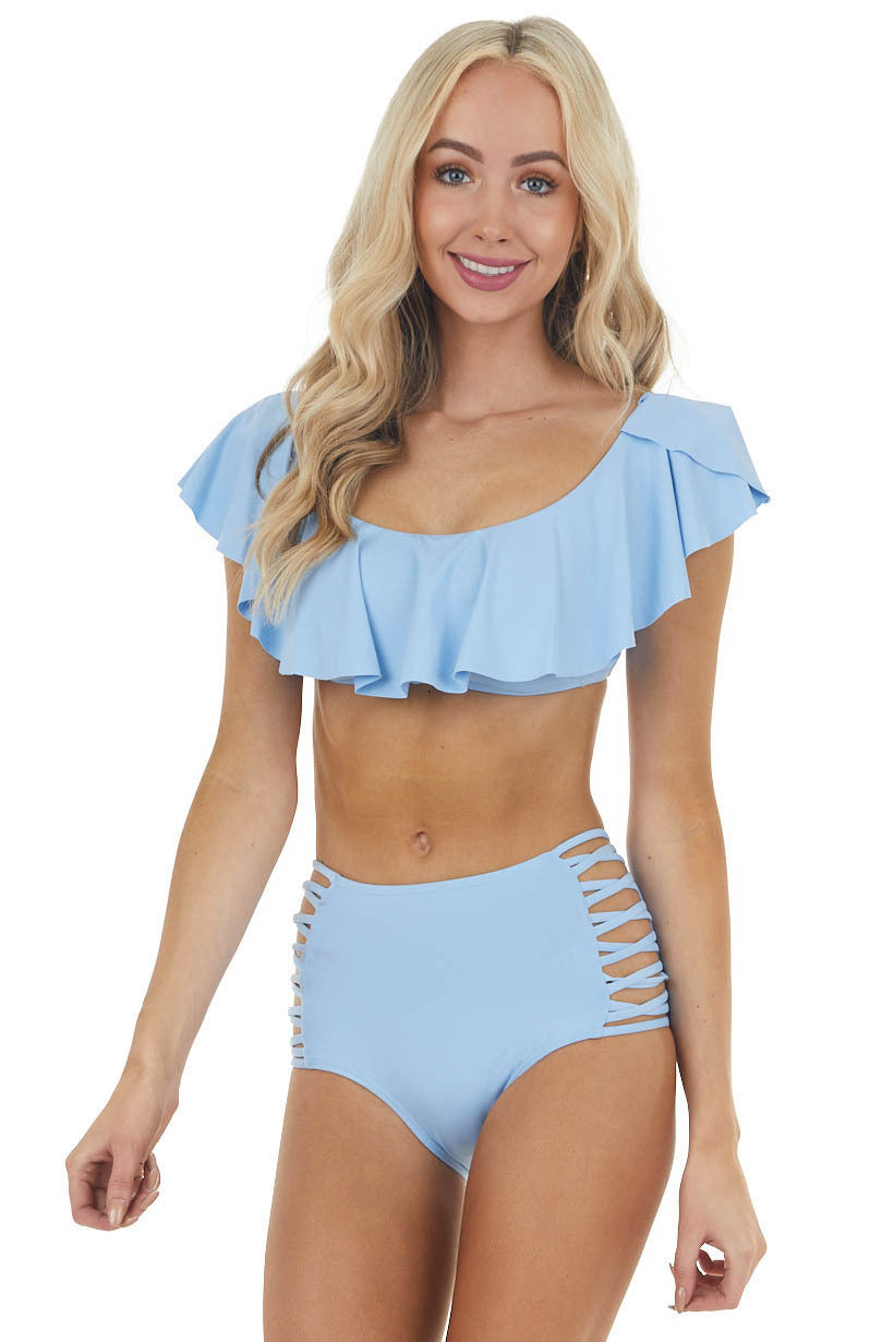Powder Blue Off Shoulder Bikini Set with Strappy Details