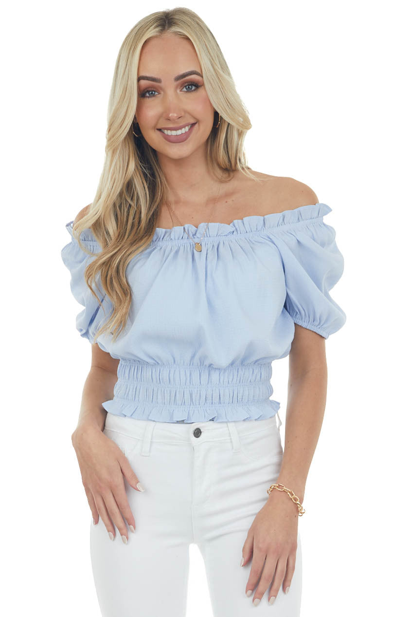 Powder Blue Ruched Waist Textured Bodysuit