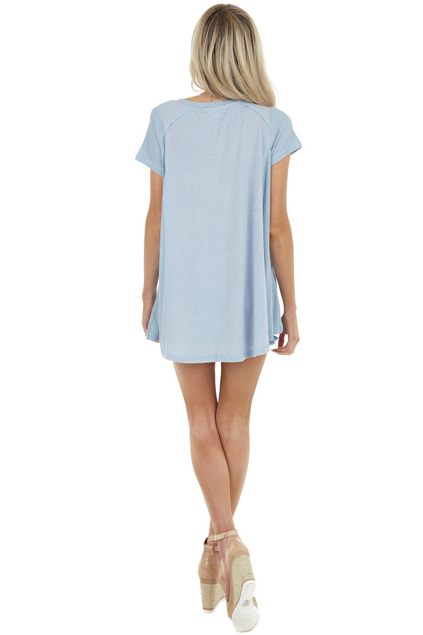 Powder Blue Short Sleeve Knit Top with Cornflower Contrast 