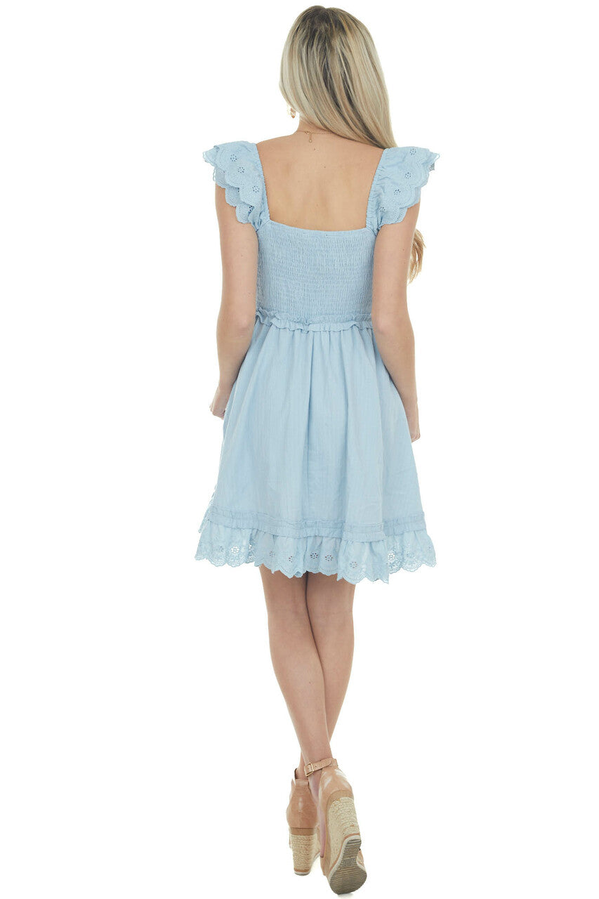 Powder Blue Short Sleeve Smocked Woven Dress