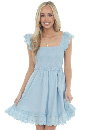 Powder Blue Short Sleeve Smocked Woven Dress