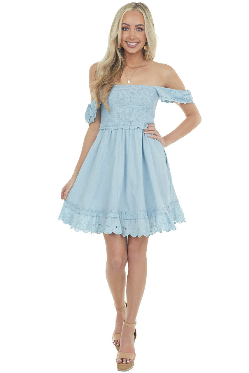Powder Blue Short Sleeve Smocked Woven Dress