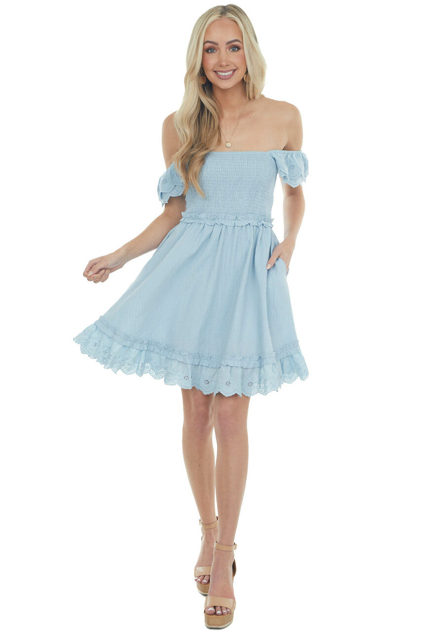 Powder Blue Short Sleeve Smocked Woven Dress