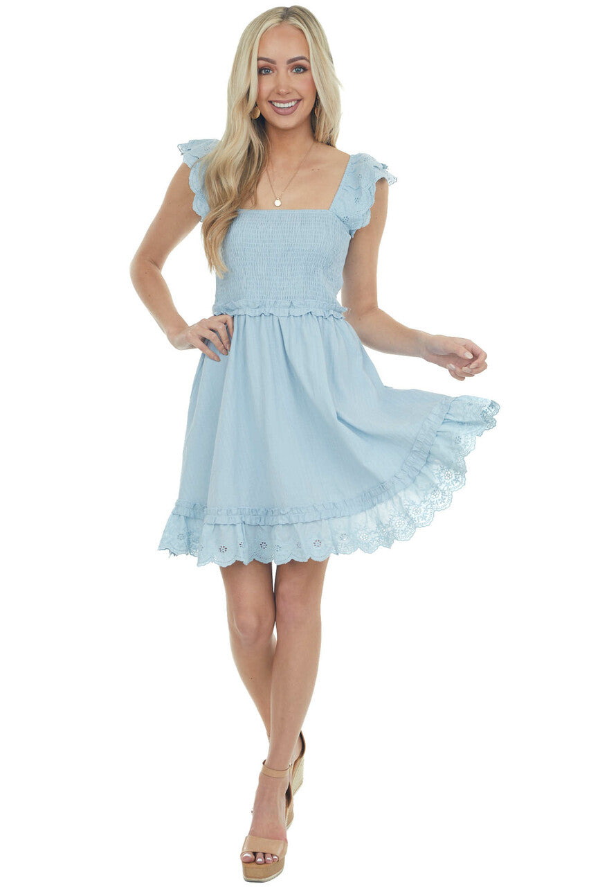 Powder Blue Short Sleeve Smocked Woven Dress