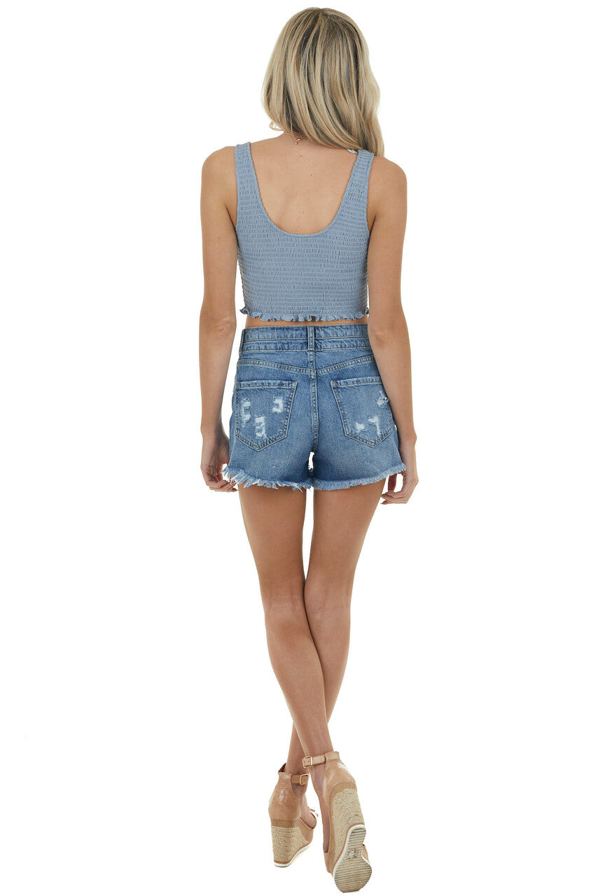 Powder Blue Sleeveless Knit Top with Smocked Details