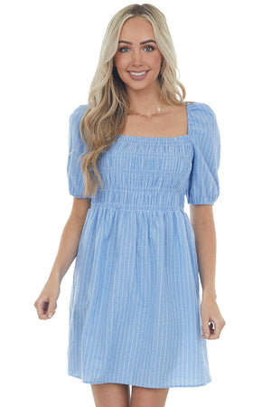 Powder Blue Smocked Puff Sleeve Short Dress