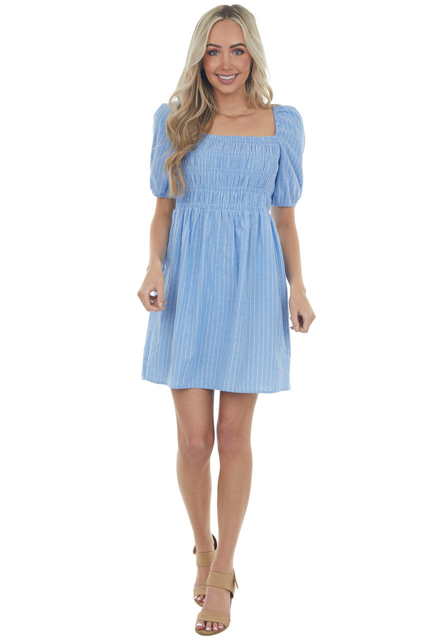 Powder Blue Smocked Puff Sleeve Short Dress