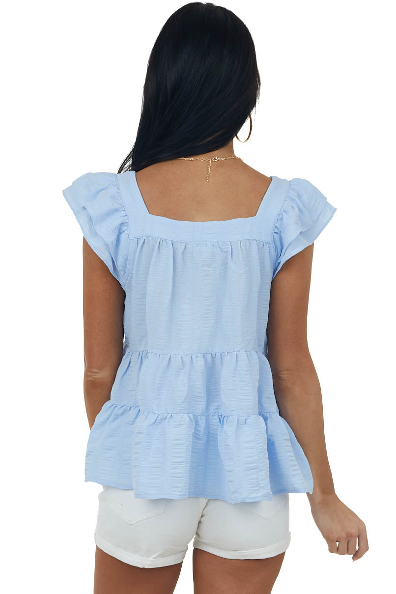 Powder Blue Square Neck Ruffle Tiered Blouse