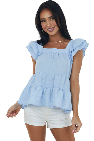 Powder Blue Square Neck Ruffle Tiered Blouse