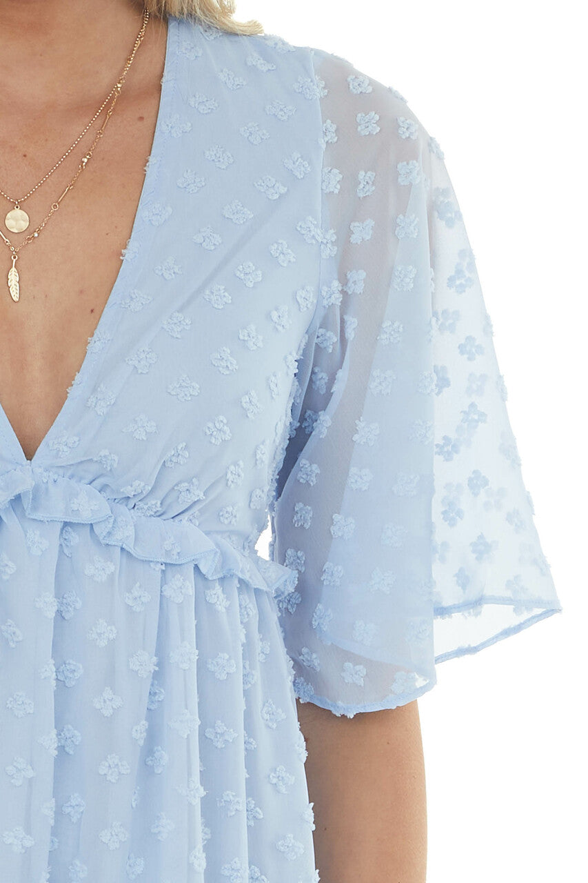 Powder Blue Swiss Dot V Neck 3/4 Sleeve Dress