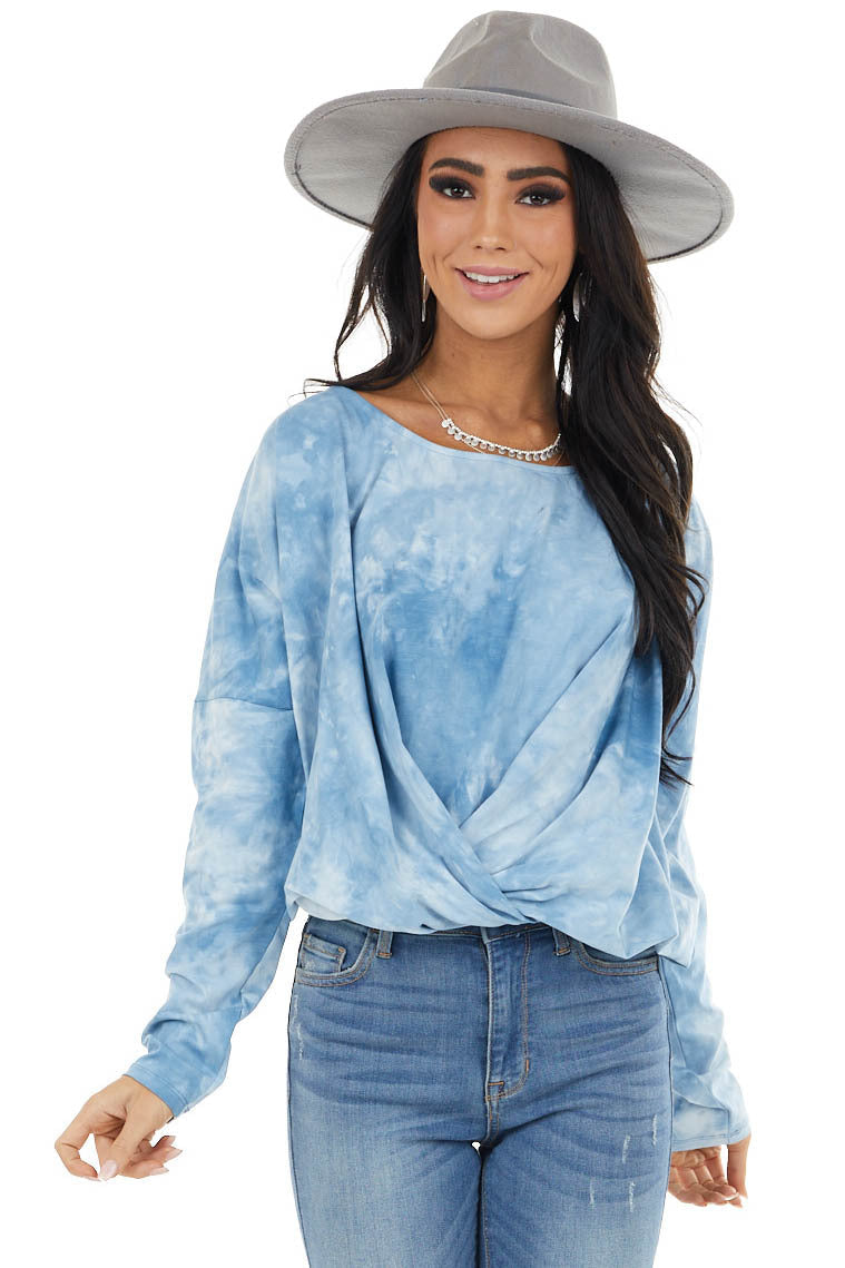 Powder Blue Tie Dye Long Sleeve Top with Elastic Hemline