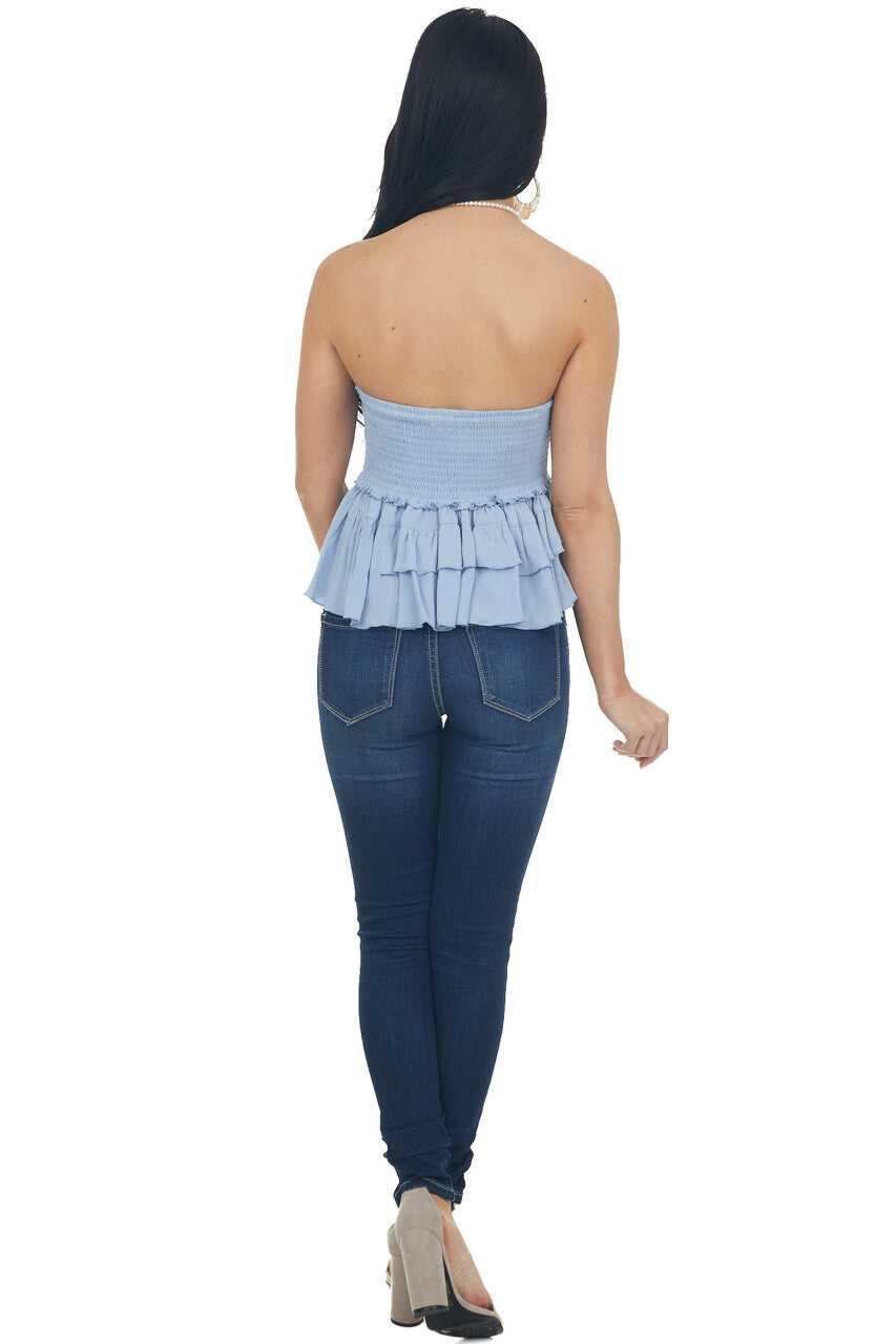 Powder Blue Tiered Ruffle Strapless Lace Woven Top