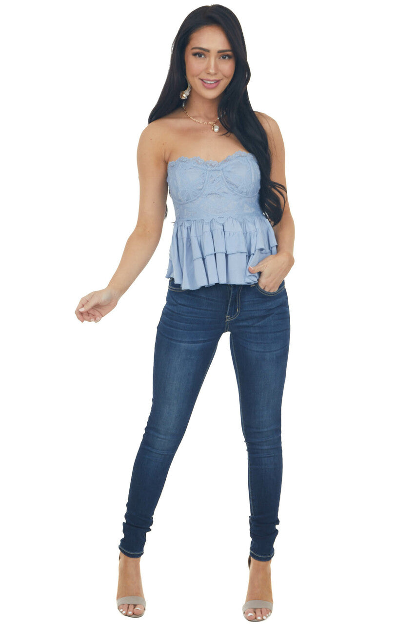 Powder Blue Tiered Ruffle Strapless Lace Woven Top
