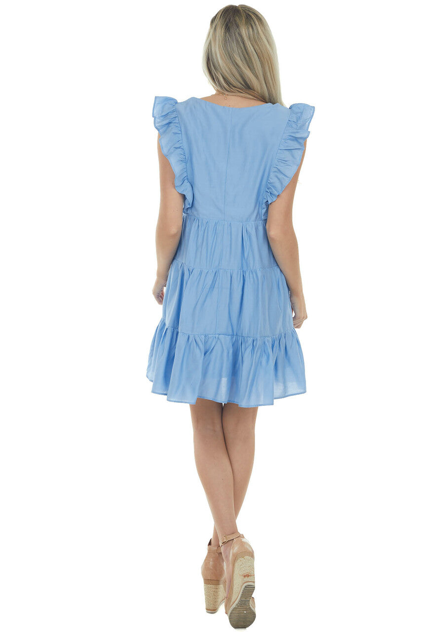 Powder Blue V Neck Tiered Woven Mini Dress
