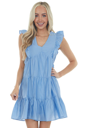 Powder Blue V Neck Tiered Woven Mini Dress